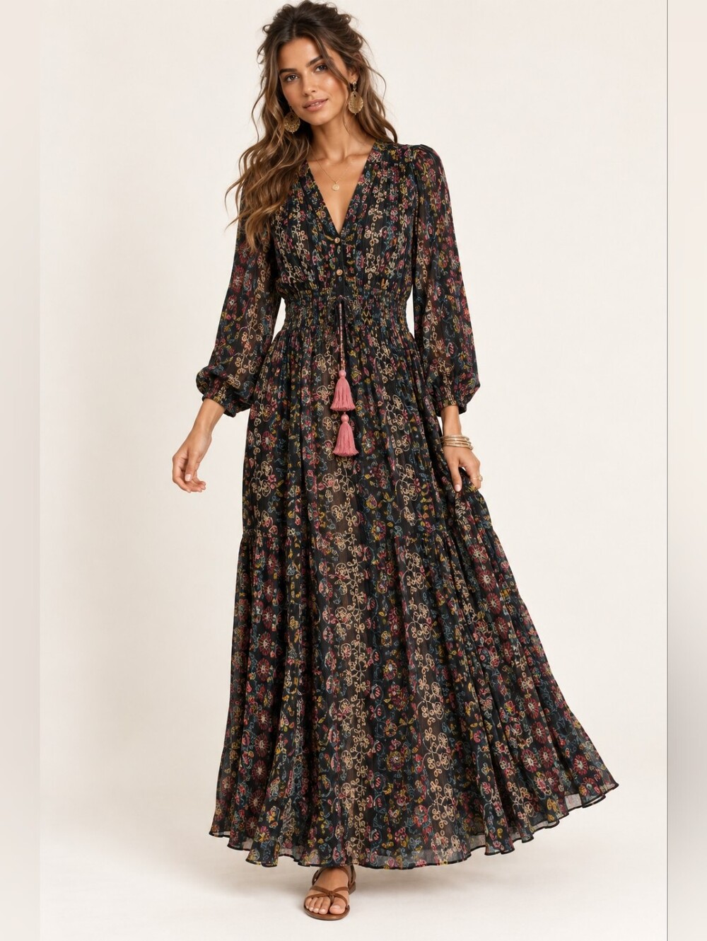 RAGA Black Floral Boho Maxi Dress Tassel Tie Size M